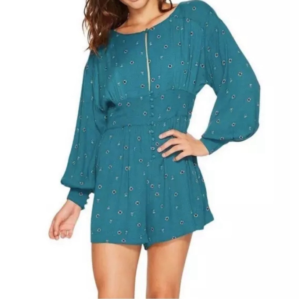 Free People Green Floral Flowy Love Grows Romper Boho Chic Womens Size Large NWT